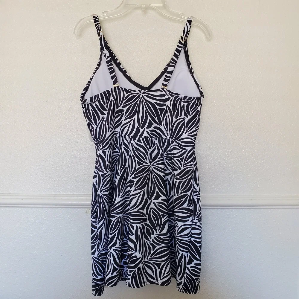 Lands End Womens Black White Leaf Print Swim Dress V-Neck One Piece Size M